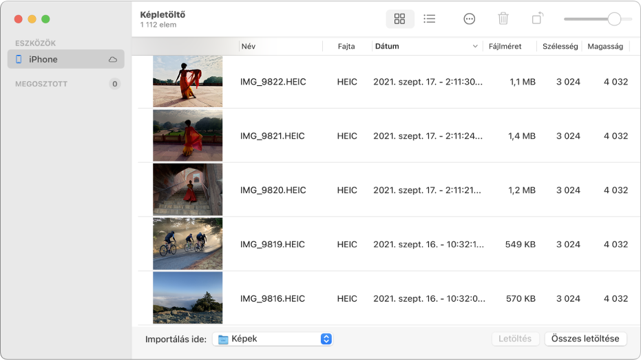 A Képletöltő ablaka, az iPhone-ról importálni kívánt képekkel.