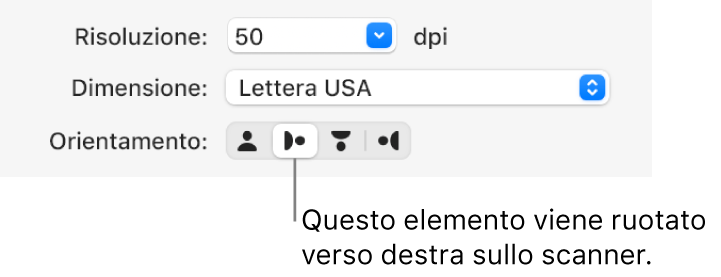 I pulsanti Orientamento nella finestra Scanner. Un pulsante evidenziato indica che un elemento viene ruotato a destra sullo scanner.