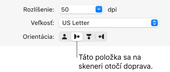 Tlačidlo Orientácia v okne Skener. Zvýraznené tlačidlo oznamuje, že položka na skeneri sa otáča doprava.