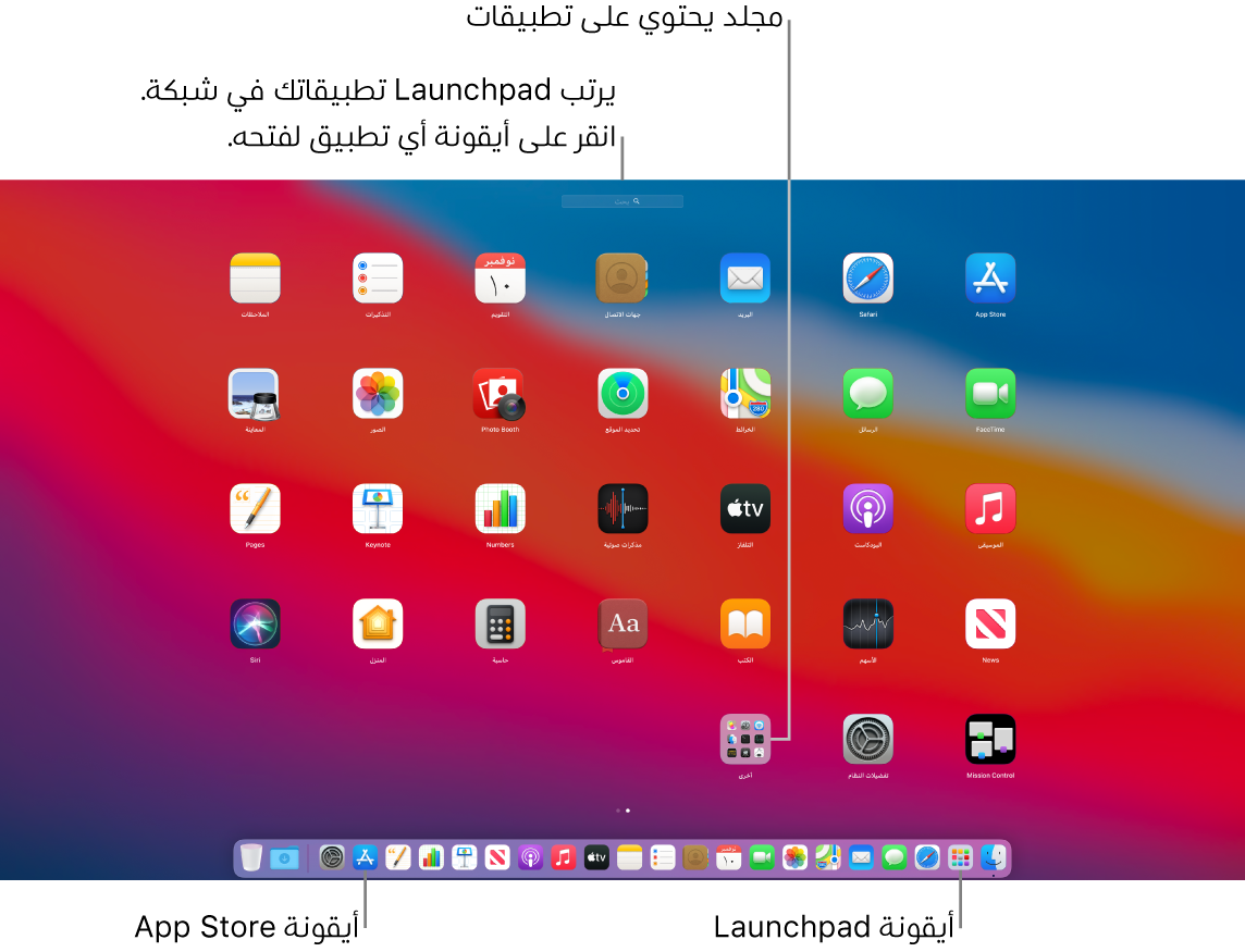 شاشة Mac مفتوح عليها Launchpad، وتعرض مجلد تطبيقات في Launchpad وأيقونة Launchpad وأيقونات App Store في Dock.