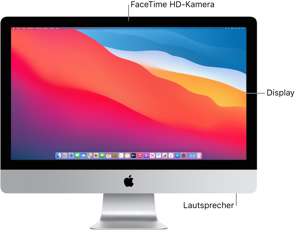 Frontansicht des iMac mit Bildschirm, Kamera und Lautsprechern