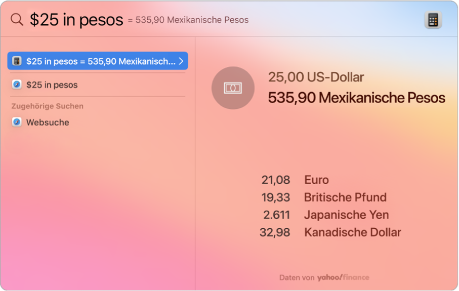 In einem Bildschirm ist die Umrechnung von Dollar in Pesos zu sehen, wobei die beste Umtauschrate sowie verschiedene andere, auswählbare Ergebnisse angezeigt werden.