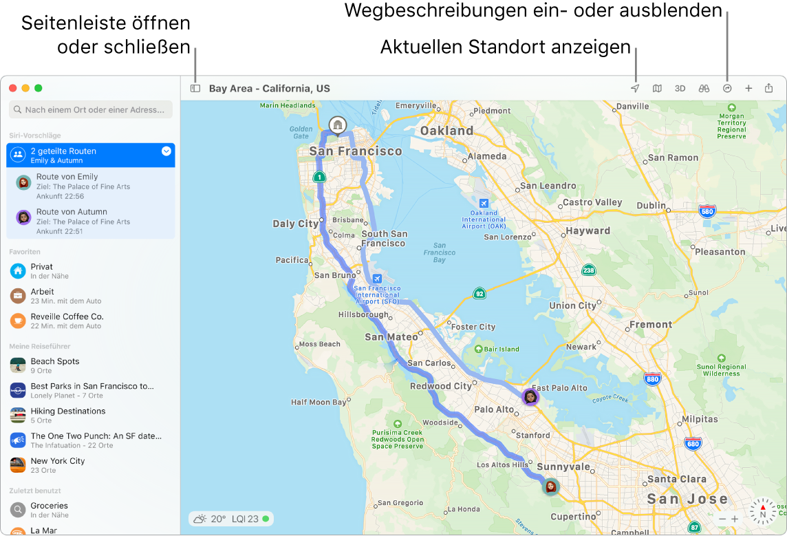 Ein Fenster der App „Karten“ mit Informationen zum Anzeigen von Routen durch Klicken auf ein Ziel in der Seitenleiste, zum Öffnen und Schließen der Seitenleiste und Bestimmen deines aktuellen Standorts auf der Karte.