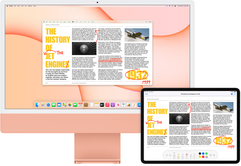 An iMac and an iPad sit side by side. Both screens display an article covered in scribbled red edits, such as crossed out sentences, arrows, and added words. The iPad also has mark up controls at the bottom of the screen.