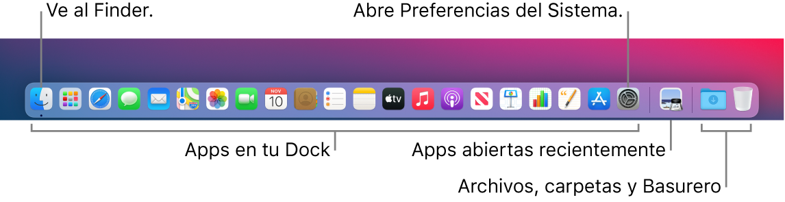 El Dock mostrando el Finder, Preferencias del Sistema y la línea que divide las apps de las carpetas y archivos.