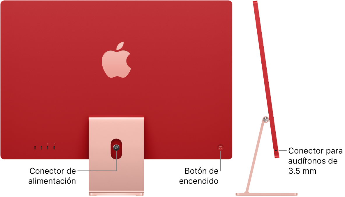 Parte posterior de la iMac mostrando el conector de alimentación y el botón de encendido. A un lado se muestra una vista lateral con la entrada para audífonos.