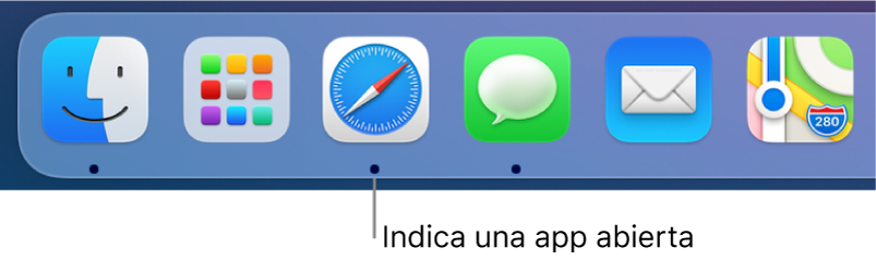 Una parte del Dock mostrando íconos de apps con un punto negro debajo.