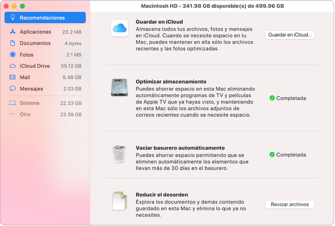 Las preferencias de Recomendaciones del almacenamiento mostrando las opciones "Guardar en iCloud", "Optimizar almacenamiento", "Vaciar Basurero automáticamente" y "Reducir el desorden".