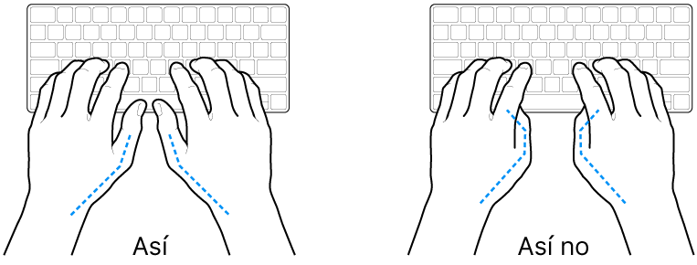 Manos posicionadas sobre un teclado, mostrando la alineación correcta e incorrecta de los pulgares.