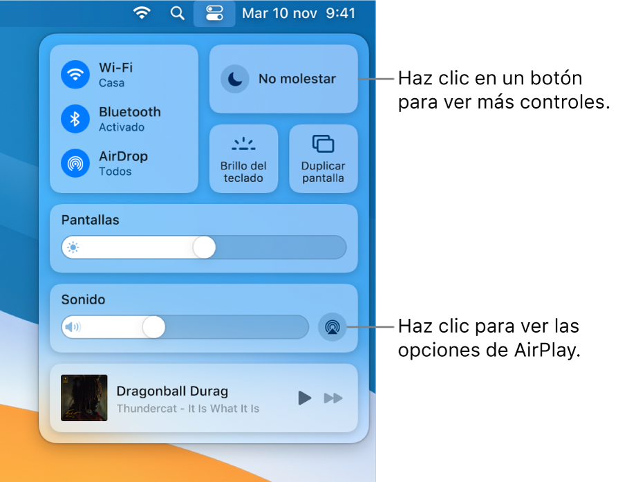 Vista ampliada del centro de control del Mac.