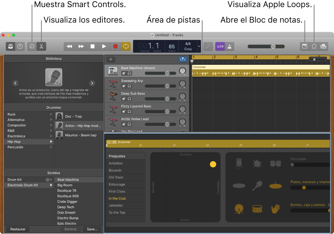 Una ventana de GarageBand con los botones para acceder a los Smart Controls, los editores, las notas y los bucles Apple Loops. También se muestra la visualización de pistas.