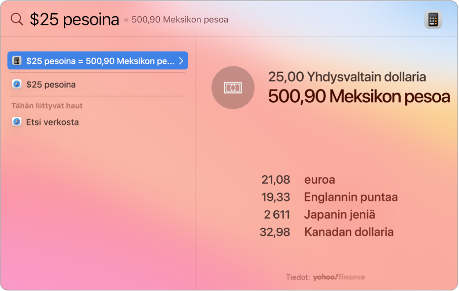 Näyttökuva dollareiden muuntamisesta pesoiksi. Paras osuma näyttää muunnoksen ja useita valittavissa olevia tuloksia.