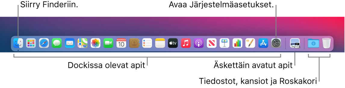 Dock, jossa näkyy Finder, Järjestelmäasetukset ja Dockissa oleva viiva, joka erottaa tiedostot ja kansioit apeista.