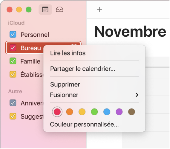 Menu contextuel Calendrier avec ses options pour la personnalisation de la couleur d’un calendrier.