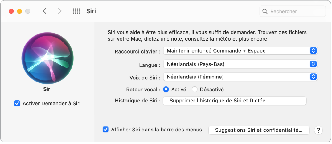 La fenêtre des préférences Siri, avec l’option Activer Demander à Siri sélectionnée à gauche et plusieurs options pour personnaliser Siri à droite.