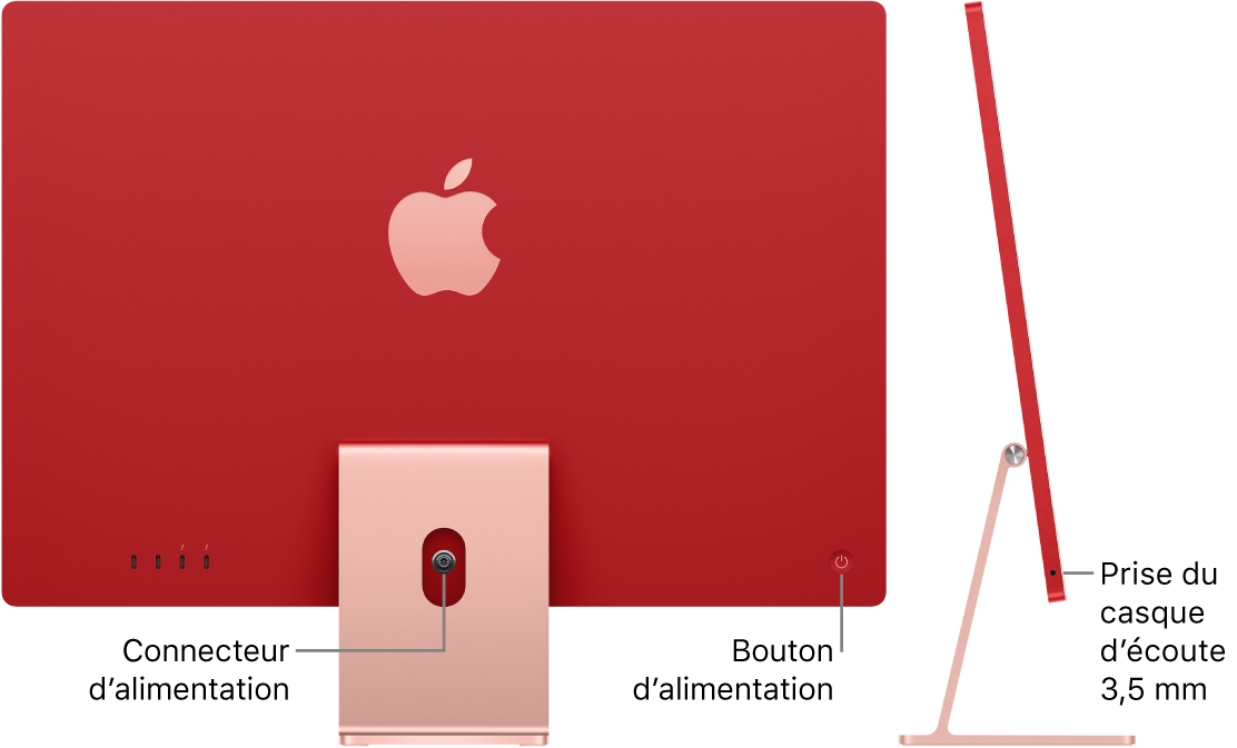 Vue arrière de l’iMac avec le connecteur d’alimentation et le bouton d’alimentation. Une vue latérale montrant la prise casque se trouve à côté.