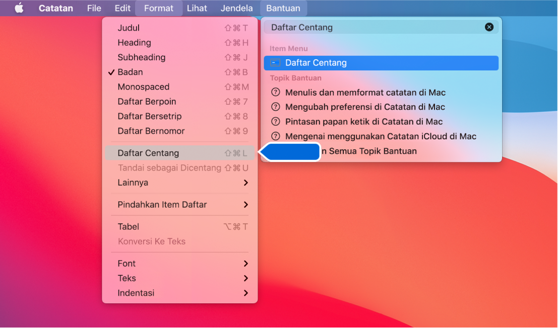 Menu Bantuan menampilkan pencarian untuk ”daftar” dengan perintah Daftar Berpoin disorot dalam daftar hasil dan di menu Format.