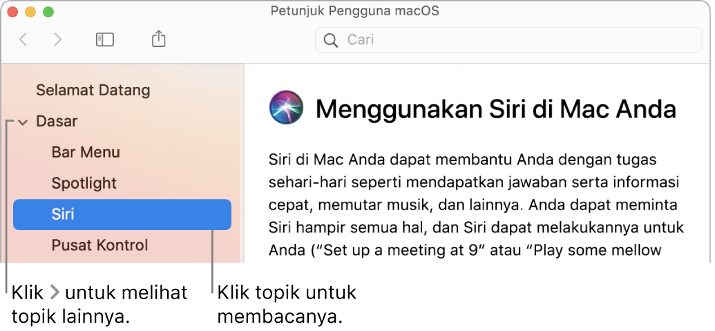 Penampil Bantuan menampilkan cara melihat topik yang terdapat di bar samping dan cara menampilkan konten topik.