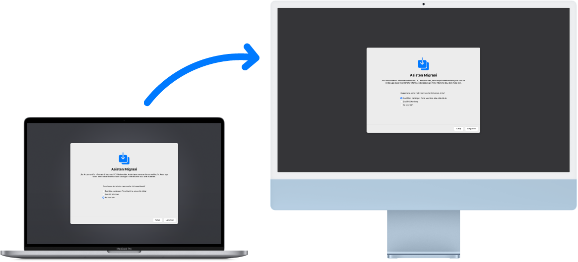 MacBook (komputer lama) menampilkan layar Asisten Migrasi, terhubung ke iMac (komputer baru) yang juga memiliki layar Asisten Migrasi terbuka.