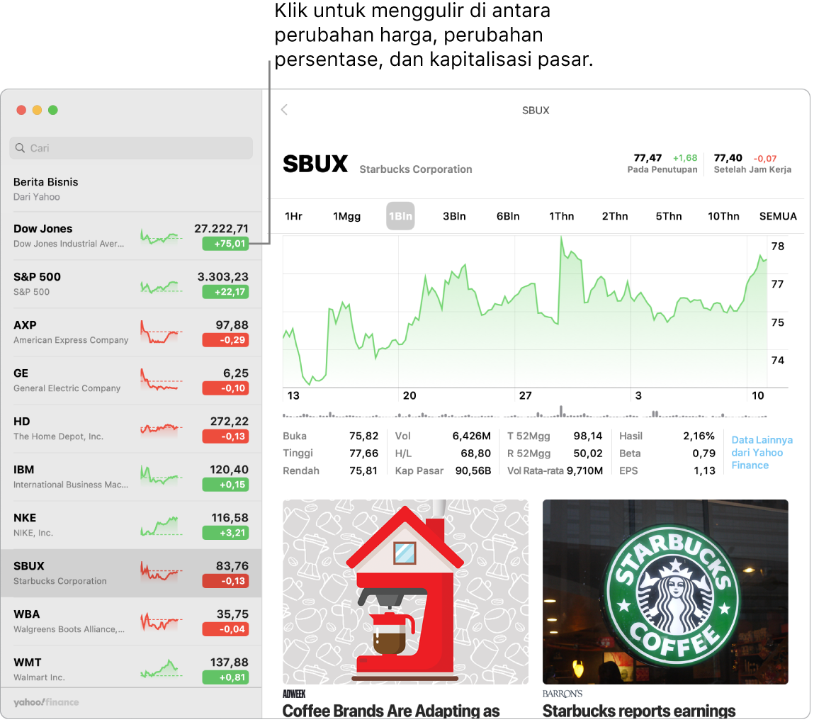 Layar Saham menampilkan informasi dan tulisan mengenai saham yang dipilih.