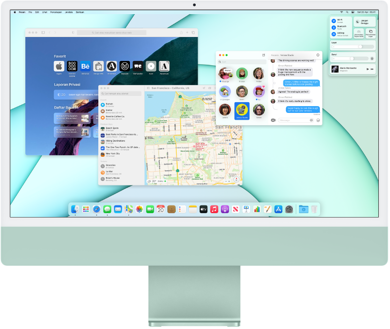 Desktop iMac menampilkan Pusat Kontrol dan beberapa app terbuka.