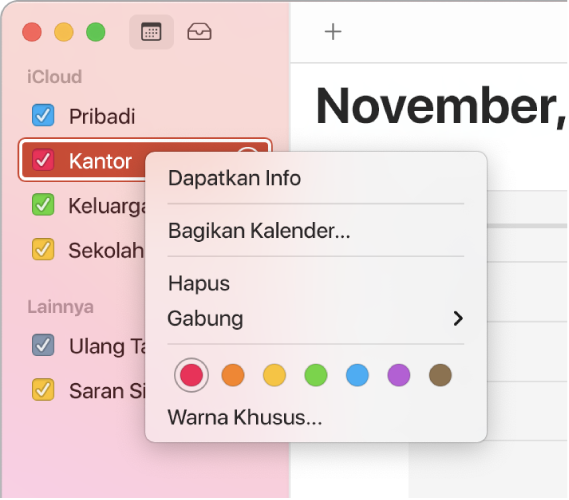 Menu pintasan Kalender dengan pilihan untuk menyesuaikan warna kalender.