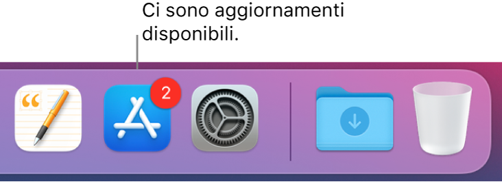 Sezione del Dock in cui è visualizzata l'icona di App Store con un badge, che indica che sono disponibili aggiornamenti.