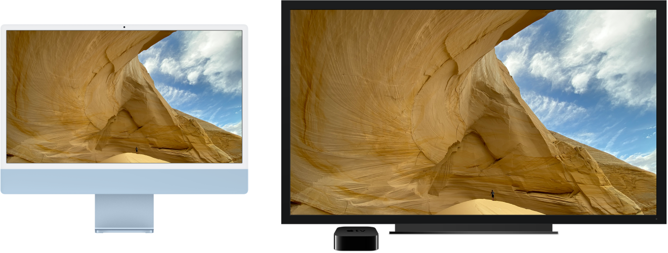 iMac con i contenuti duplicati su una grande TV HD tramite Apple TV.