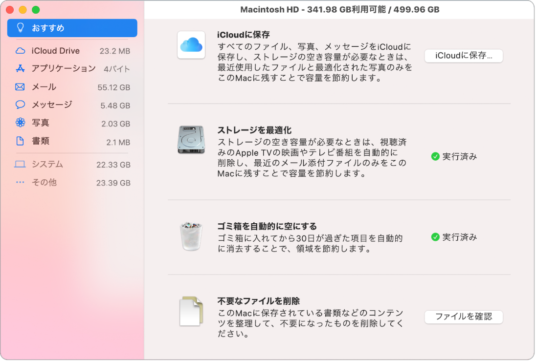 ストレージの「おすすめ」環境設定。「iCloudに保存」、「ストレージを最適化」、「ゴミ箱を自動的に空にする」、「不要なファイルを削除」の各オプションが表示されています。
