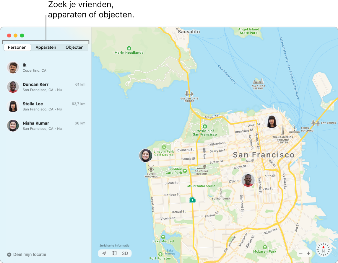 Links is de tab 'Personen' geselecteerd, terwijl rechts een kaart van San Francisco te zien is met de locatie van drie vrienden.