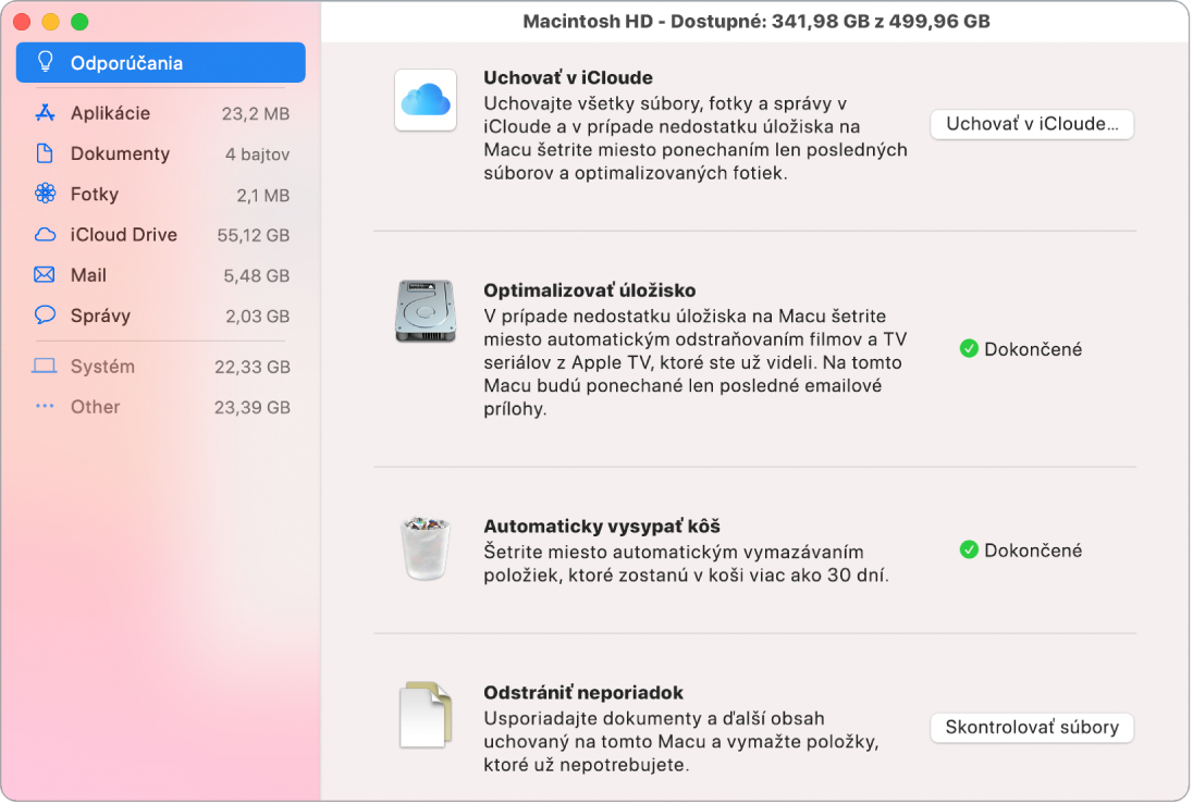 Nastavenia úložiska na paneli Odporúčania, ktoré znázorňujú možnosti Uchovať v iCloude, Optimalizovať úložisko, Automaticky vymazať obsah koša a Odstrániť neporiadok.