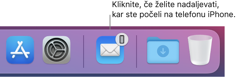 Ikona Handoff je vidna v vrstici Dock.