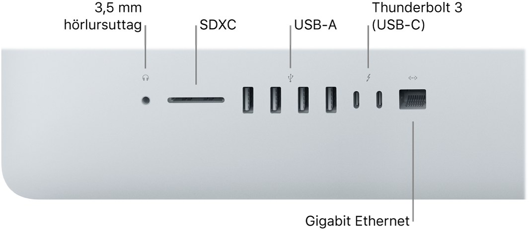 En iMac med ett 3,5 mm hörlursuttag, SDXC-kortplats, USB-A-portar, Thunderbolt 3 (USB-C)-portar och Gigabit Ethernet-port.