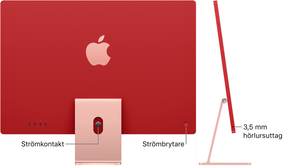 iMacs baksida med strömkontakten och strömbrytaren. Bredvid den finns en sidovy som visar hörlursuttaget.