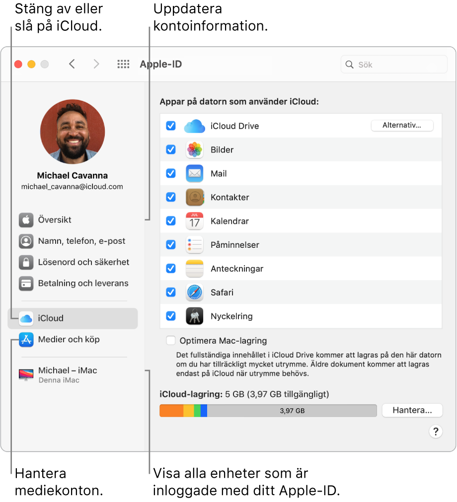Panelen Apple‑ID i Systeminställningar. Klicka på ett objekt i sidofältet för att uppdatera din kontoinformation, slå på eller stänga av iCloud, hantera mediekonton och se alla enheter där du är inloggad med ditt Apple‑ID.