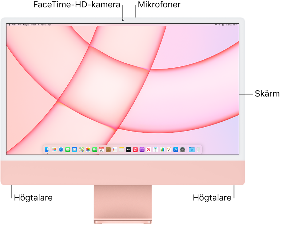 Vy av framsidan på iMac med skärmen, kameran, mikrofoner och högtalare.