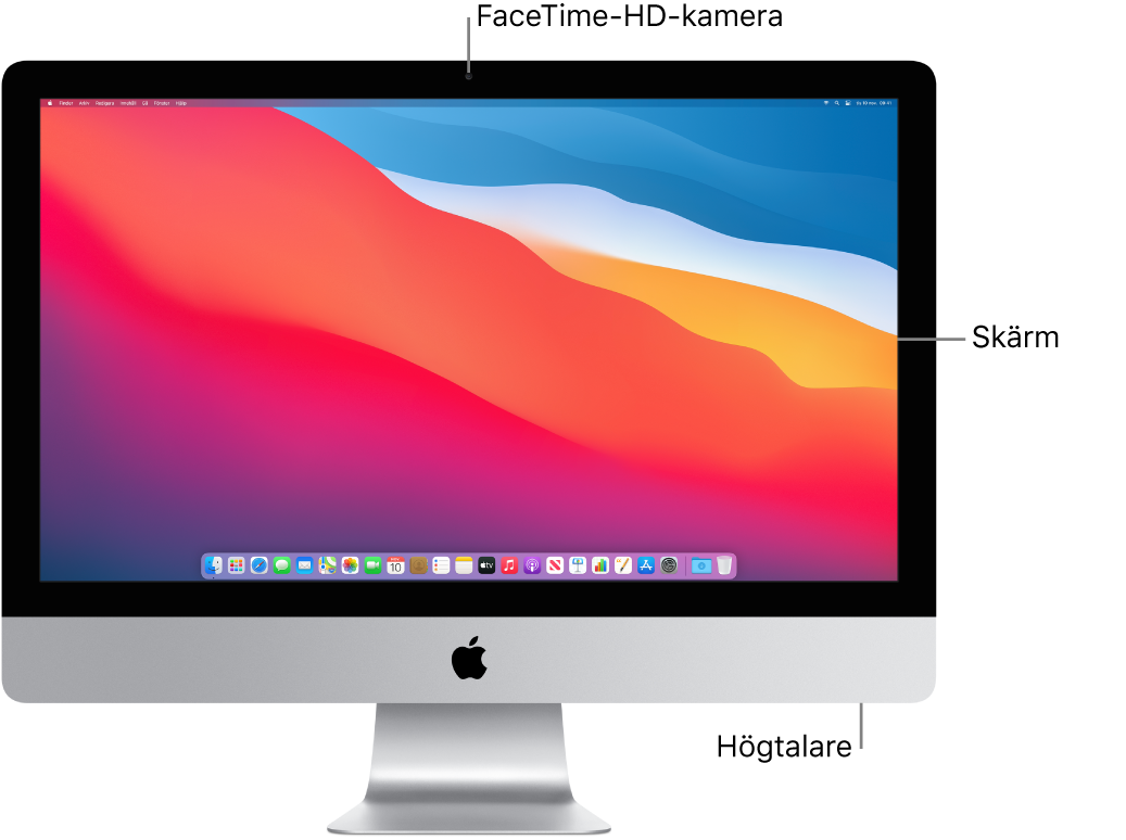 Vy av framsidan på iMac med skärmen, kameran och högtalare.