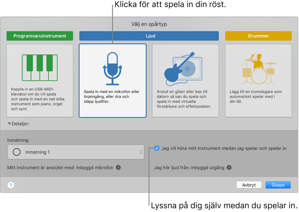 Instrumentpanelen i GarageBand som visar var du ska klicka när du vill spela in en röst och hur du hör dig själv medan du spelar in.