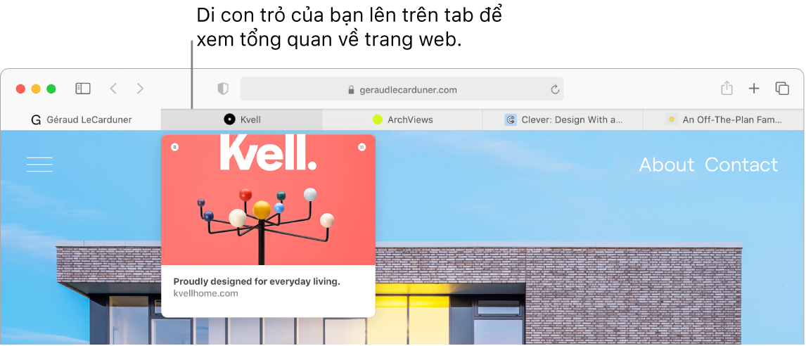 Một cửa sổ Safari với 5 tab đang hiển thị các favicon cùng với nhãn tab. Bên dưới một tab là cửa sổ xem trước của nội dung tab đó.