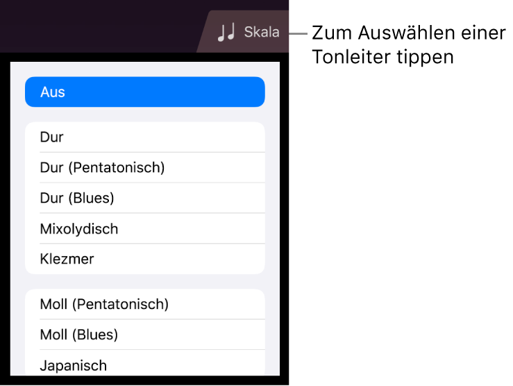 Taste „Skala“ und Tonskalenliste für Saiteninstrumente