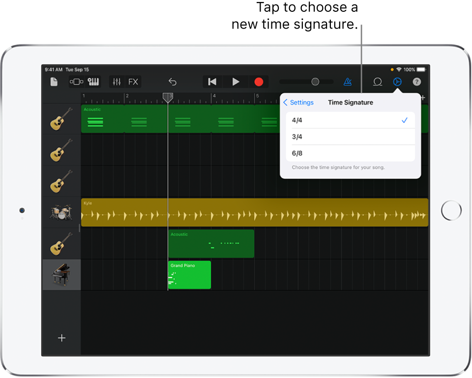 Song settings, including time signature controls