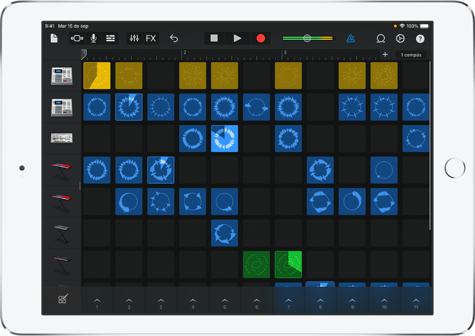 Figura. Tablatura de Live Loops con celdas reproduciéndose.