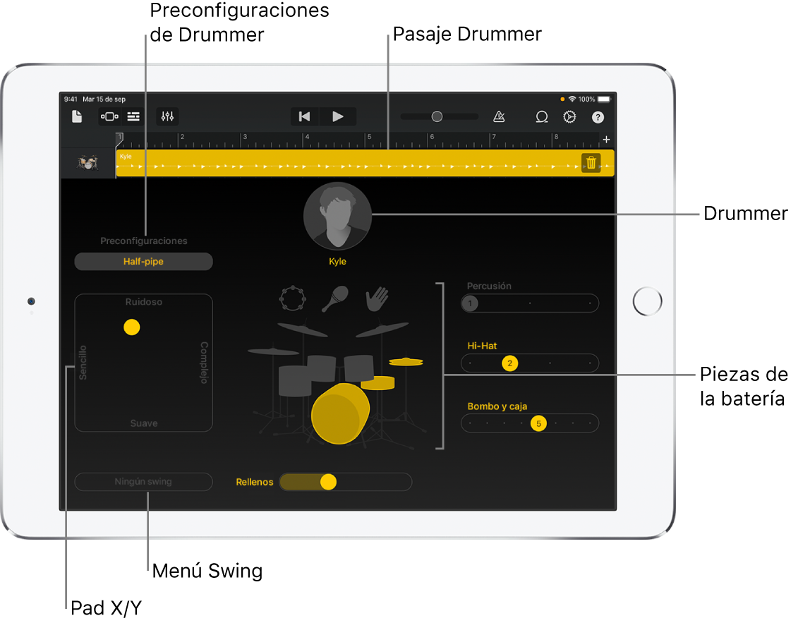 Drummer con áreas principales destacadas de la interfaz.
