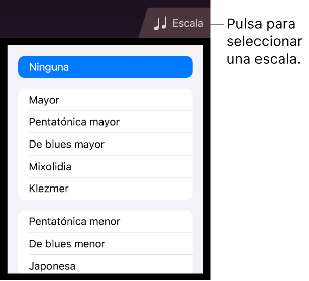 Botón Escala de Cuerdas y lista de escalas