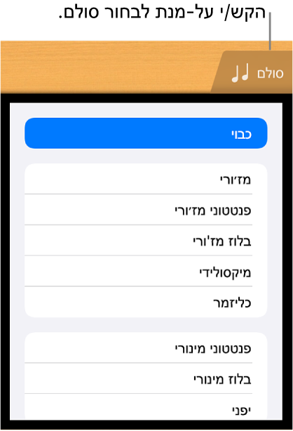 הכפתור ״סולם״ ורשימת הסולמות של הגיטרה