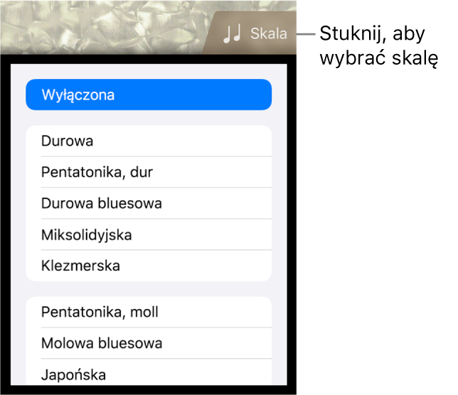 Przycisk skali instrumentu Basy oraz lista skal