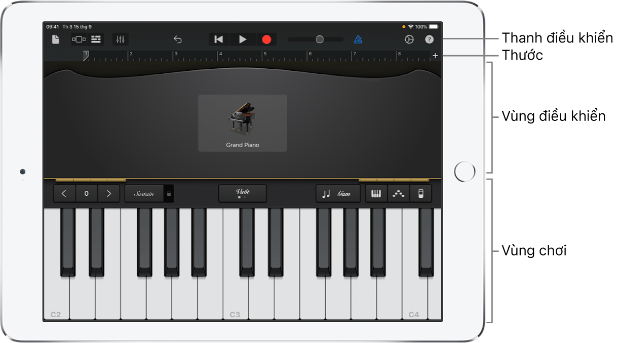 Nhạc cụ cảm ứng hiển thị các khu vực chơi và điều khiển