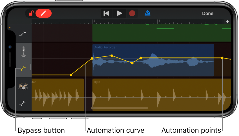 Figure. Track automation, showing automation curves, automation points and the Bypass button.