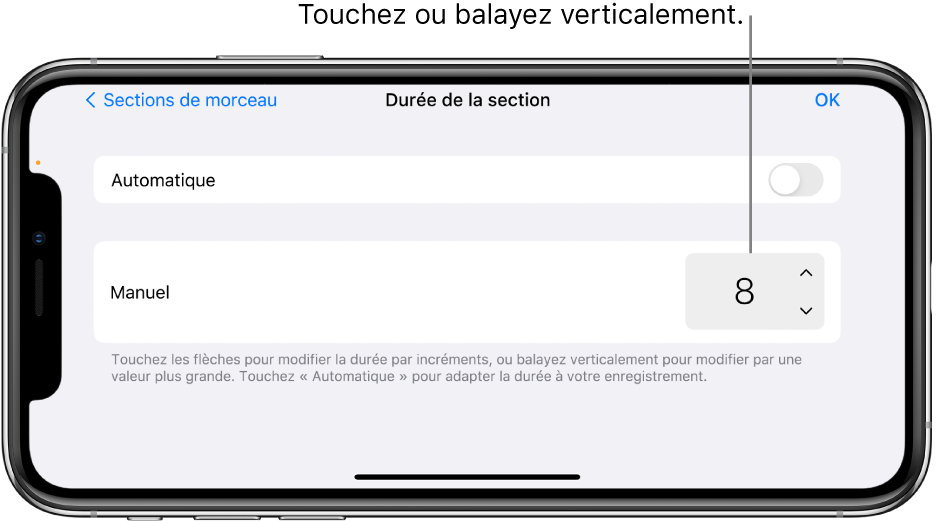 Commandes de modification de la durée d’une section de morceau