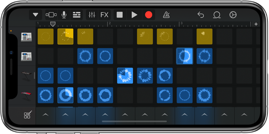 Illustration. Grille Live Loops avec des cellules en cours de lecture.